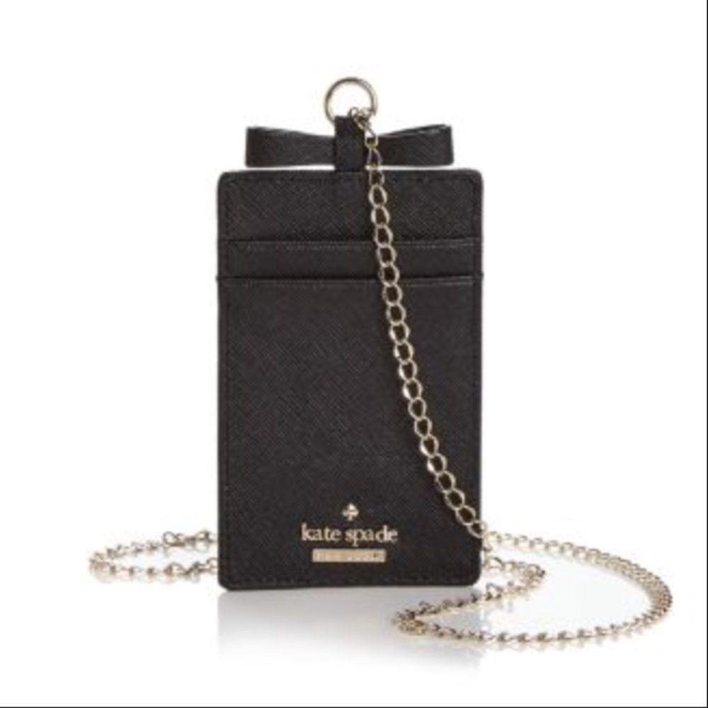 Kate Spade New York Cameron Street Lanyard Card Case – Black & Gold, Leather ID